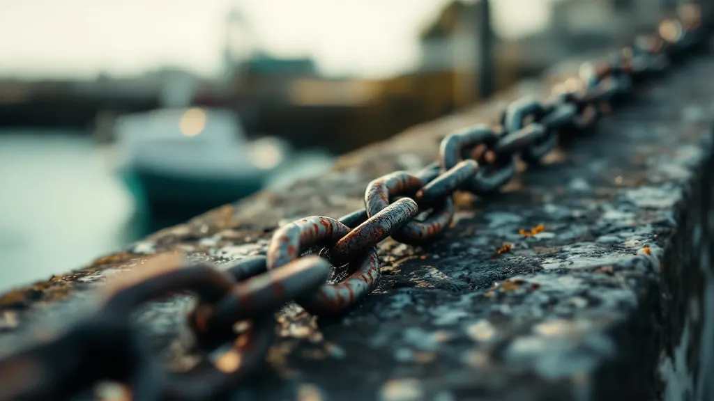 A heavy rusted mooring chain running along a harbour wall, a boat out of focus beyond.