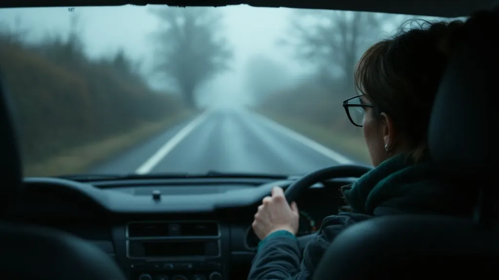 A driver in glasses holds the wheel on a country road in fog, the white lines fading into the mist ahead.