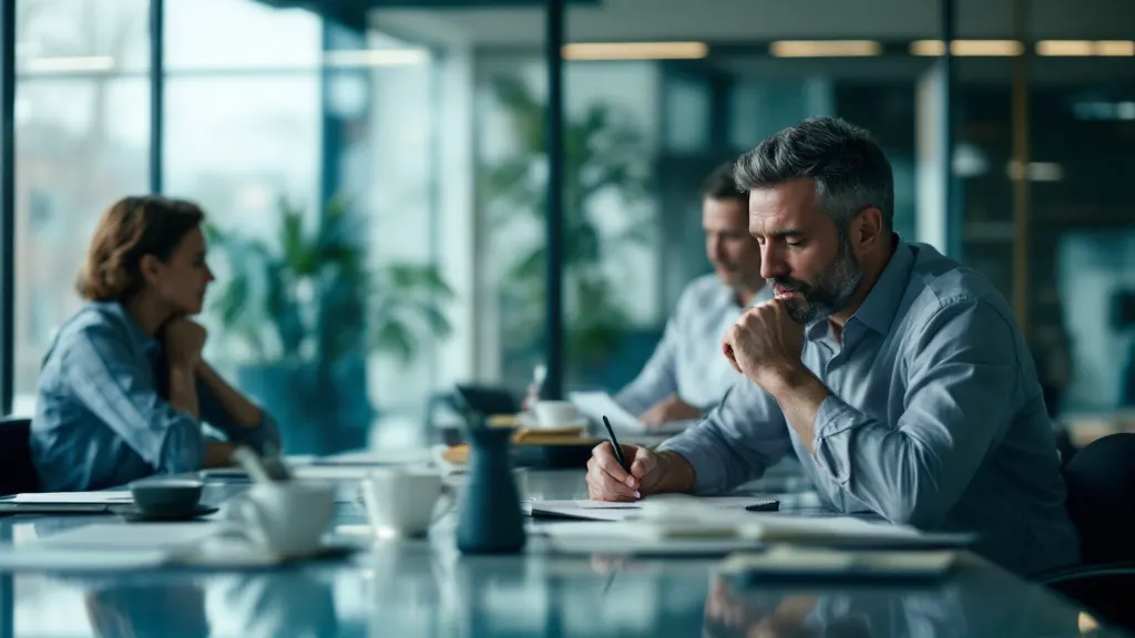A manager at a glass-walled meeting-room table looks down at his papers, hand at his chin, saying nothing while two colleagues talk beyond him.
