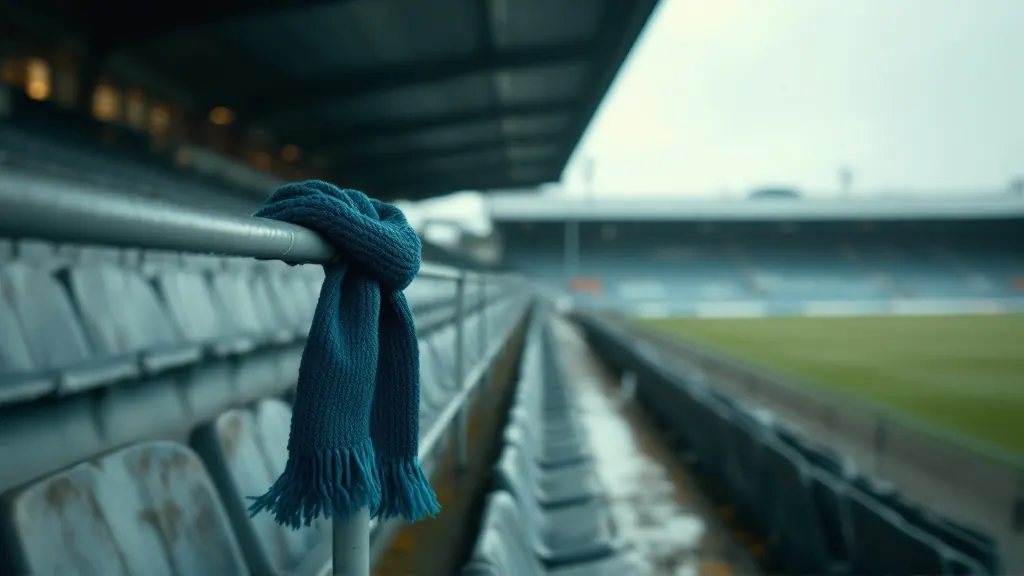 A plain knitted scarf tied to a steel barrier on the empty terrace of an old football ground, the pitch out of focus beyond.