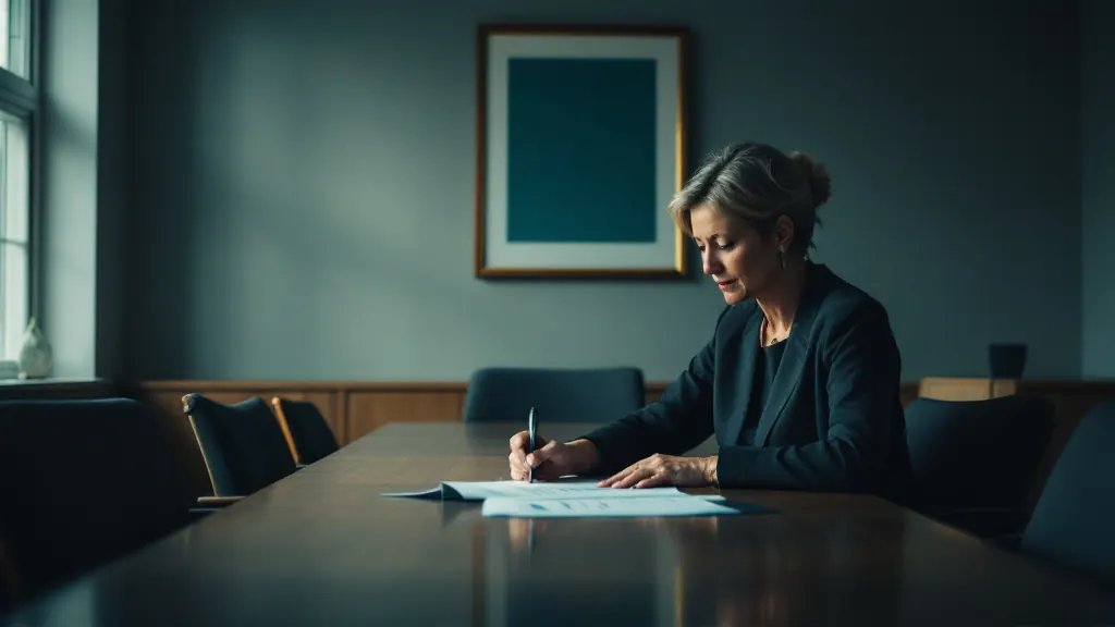 A senior director sits alone at a boardroom table, pen in hand over a few printed pages, a plain framed print on the wall behind her.