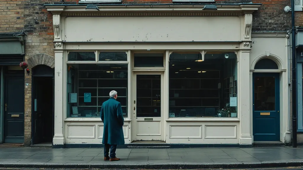 A man in a teal overcoat stands on a high street looking into a closed-down shop, its cream front weathered and its windows dark.